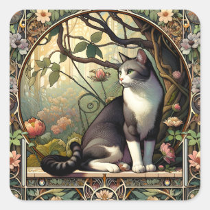 Art Nouveau Cat Pillow for Cat Lovers Square Sticker