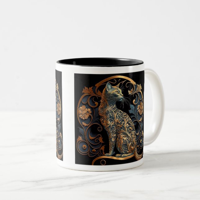 Art Nouveau Cat Two-Tone Mug, 11 oz  Two-Tone Coffee Mug (Front Right)