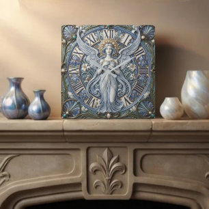 Art Nouveau Celestial Angel and Blue Enamel Square Wall Clock