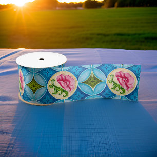 Art Nouveau Ceramic Majolica Peranakan Floral Cake Satin Ribbon