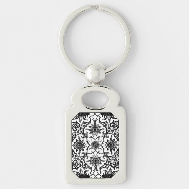 Art Nouveau Chinese Pattern - Black and White Key Ring (Front)