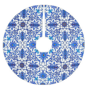 Art Nouveau Chinese Pattern - Cobalt Blue & White Brushed Polyester Tree Skirt