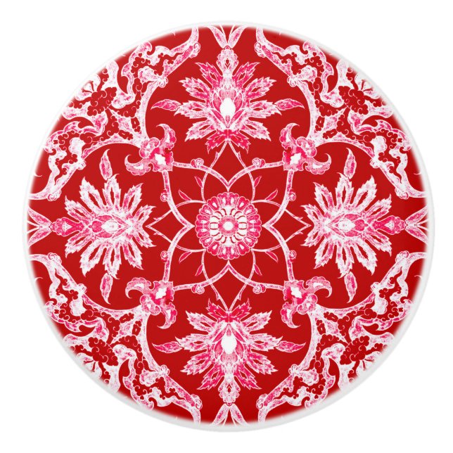Art Nouveau Chinese Pattern - Deep Red Ceramic Knob (Front)