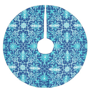 Art Nouveau Chinese Pattern - Turquoise and Blue Brushed Polyester Tree Skirt