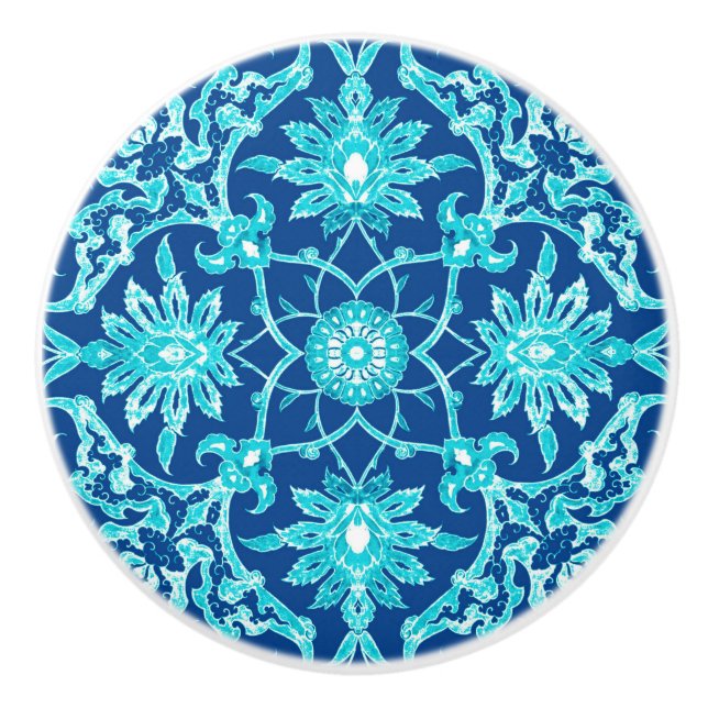 Art Nouveau Chinese Pattern - Turquoise and Blue Ceramic Knob (Front)