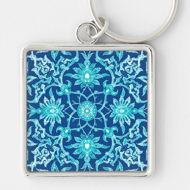 Art Nouveau Chinese Pattern - Turquoise and Blue Key Ring (Front)