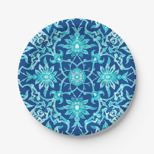 Art Nouveau Chinese Pattern - Turquoise and Blue Paper Plate (Front)
