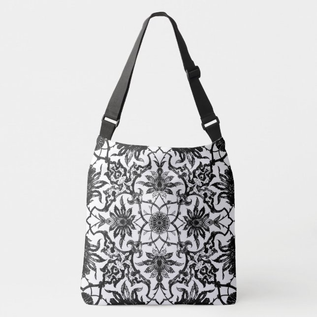 Art Nouveau Chinese Tile - Black and White Crossbody Bag (Front)
