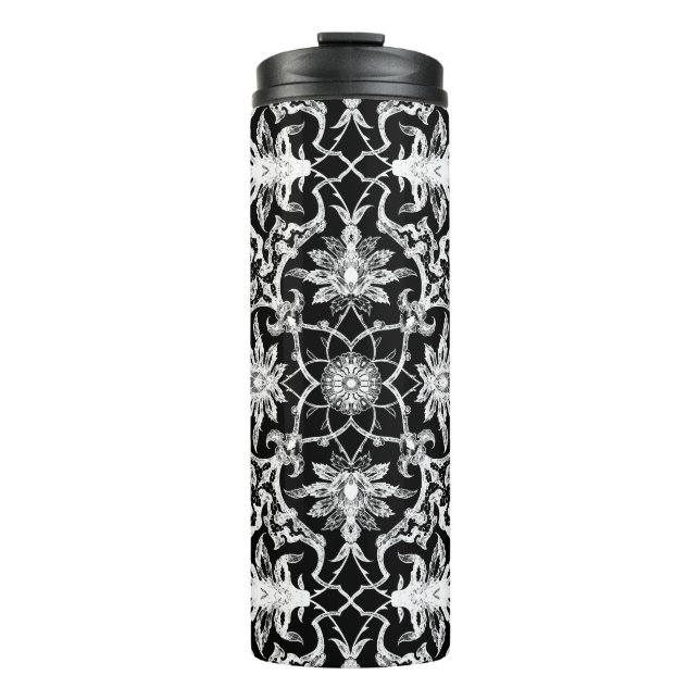 Art Nouveau Chinese Tile, Black and White  Thermal Tumbler (Front)