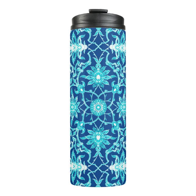 Art Nouveau Chinese Tile, Blue and Turquoise  Thermal Tumbler (Front)
