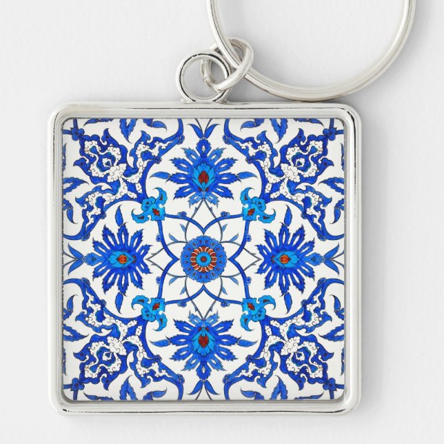 Art Nouveau Chinese Tile - Cobalt Blue & White Key Ring (Front)
