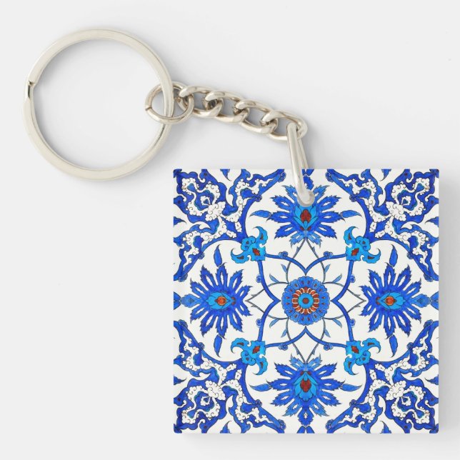 Art Nouveau Chinese Tile - Cobalt Blue & White Key Ring (Front)