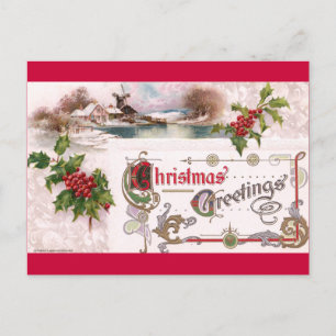 Art Nouveau Christmas Greetings with Holly Holiday Postcard
