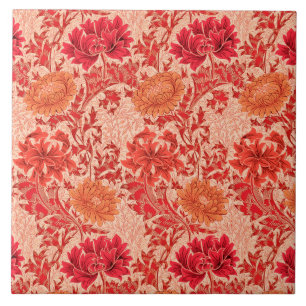 Art Nouveau Chrysanthemums, Coral Orange Tile