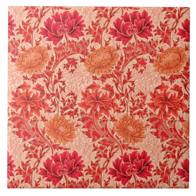 Art Nouveau Chrysanthemums, Coral Orange Tile (Front)