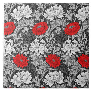 Art Nouveau Chrysanthemums, Gray and Red Tile