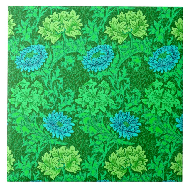 Art Nouveau Chrysanthemums, Lime Green & Aqua Tile (Front)