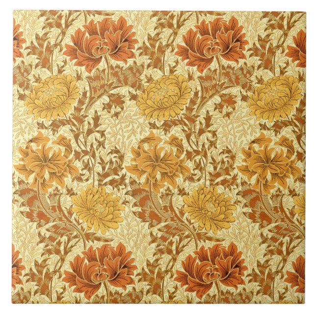 Art Nouveau Chrysanthemums, Mustard Gold  Tile (Front)