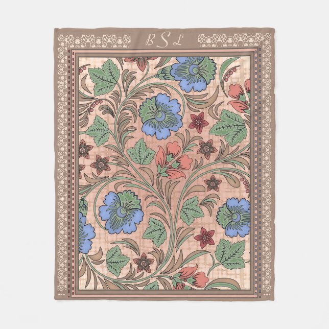 Art Nouveau Coastal Flowers and Lace - Monogrammed Fleece Blanket (Front)