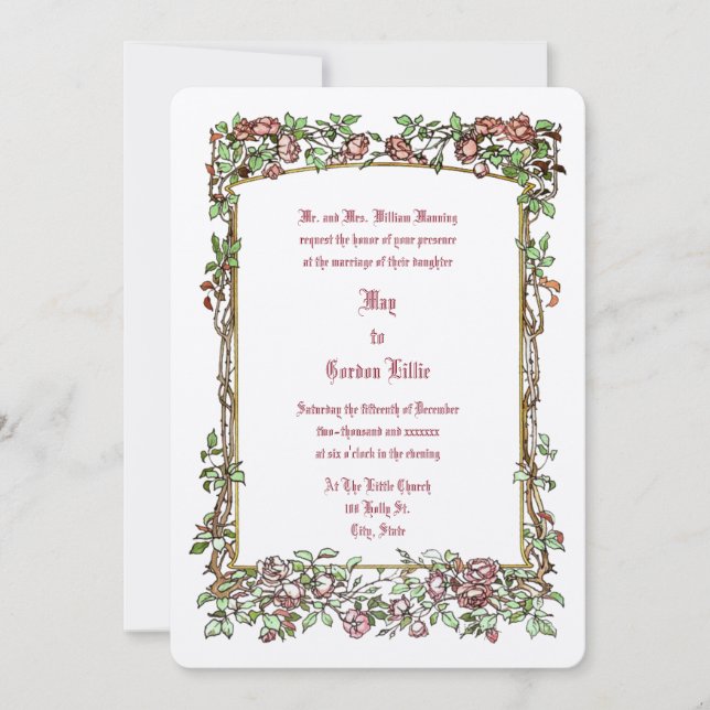 Art Nouveau Colour Rose Floral Border Wedding Invitation (Front)