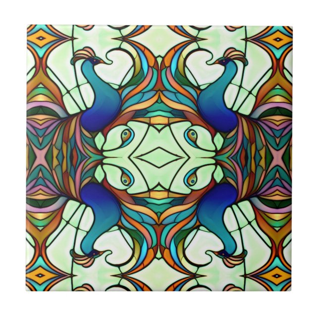 Art Nouveau Colourful Peacock Stained Glass Style  Tile (Front)
