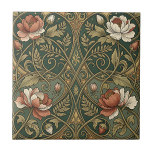 Art Nouveau Coral Anemone Emerald Gold Floral Tile