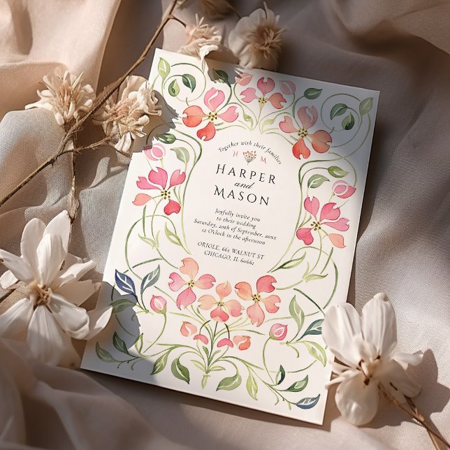 Art Nouveau Coral Dogwood Floral Wedding Invitation (Creator Uploaded)