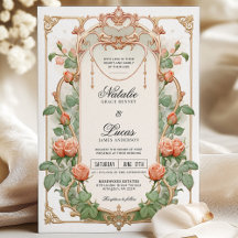 Art Nouveau Coral Floral & Gold Wedding 