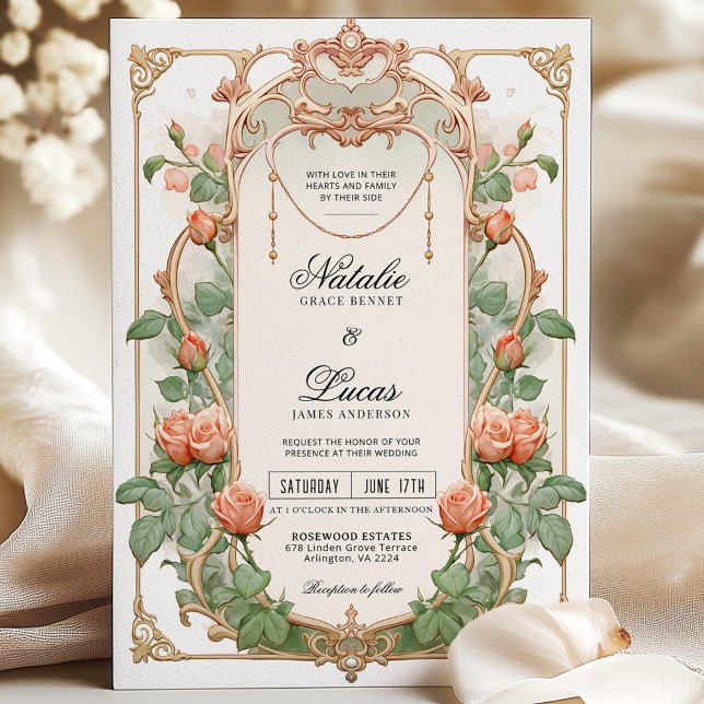 Art Nouveau Coral Floral & Gold Wedding  Invitation (Creator Uploaded)