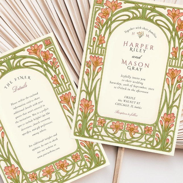 Art Nouveau Coral Lily Architectural Wedding Invitation (Creator Uploaded)