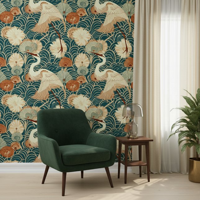 Art Nouveau Cranes Green Wallpaper (Creator Uploaded)