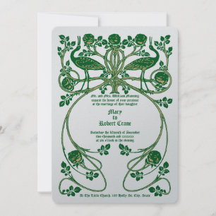 Art Nouveau Cranes in Rose Bush Wedding Invitation