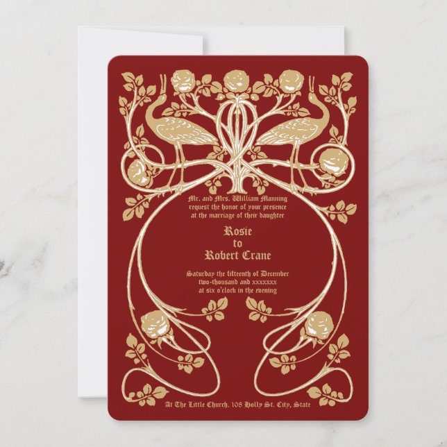 Art Nouveau Cranes in Rose Bush Wedding Invitation (Front)