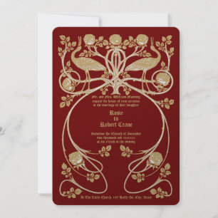 Art Nouveau Cranes in Rose Bush Wedding Invitation