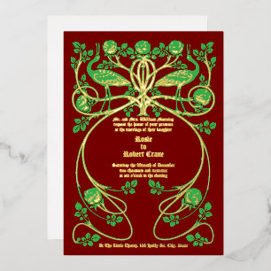 Art Nouveau Cranes in Rose Bush Wedding Invitation