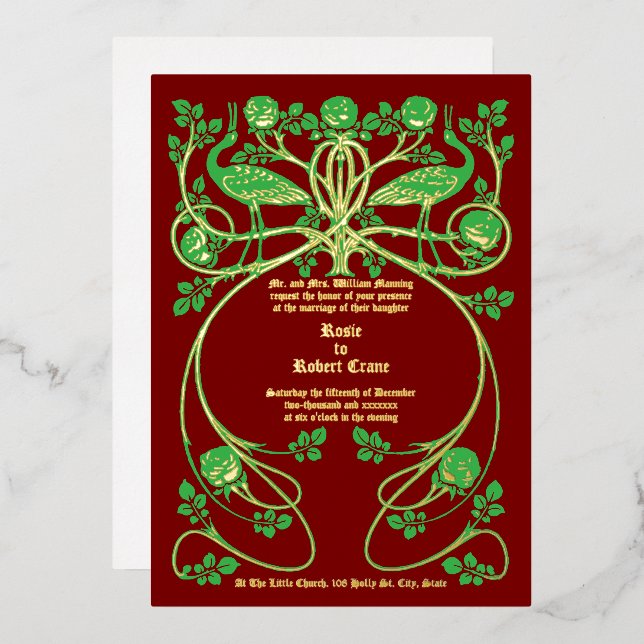 Art Nouveau Cranes in Rose Bush Wedding Invitation (Front/Back)