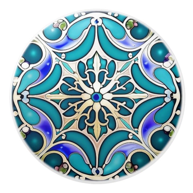 Art Nouveau Cream Aqua Blue Geometric Ceramic Knob (Front)