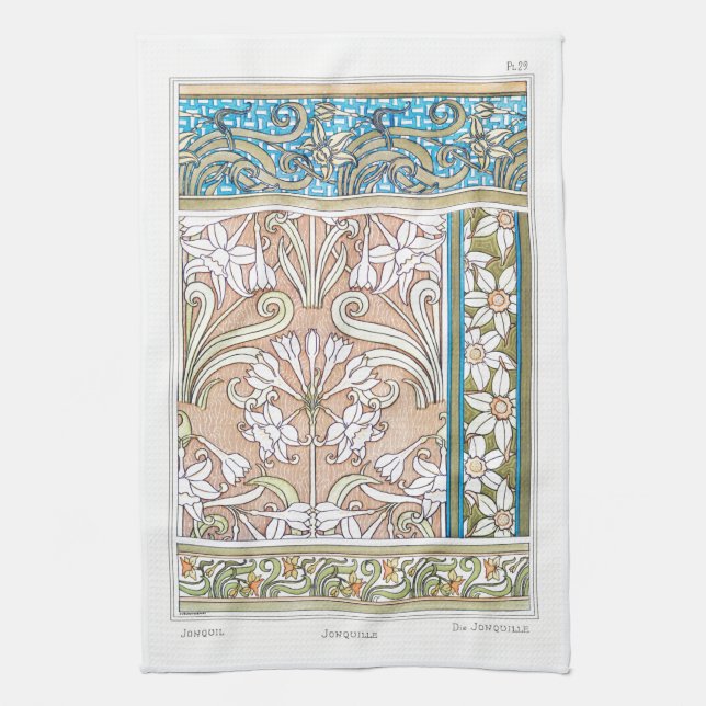 Art nouveau daffodil Verneui textile floral art Tea Towel (Vertical)
