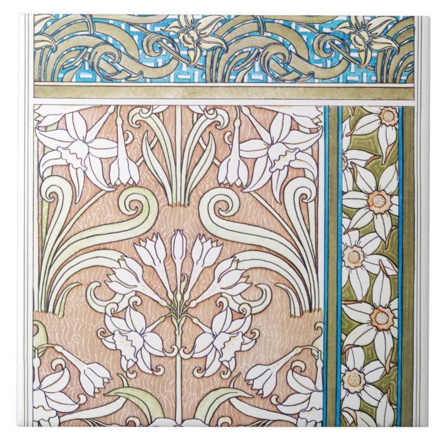 Art nouveau daffodil Verneui textile floral art Tile (Front)