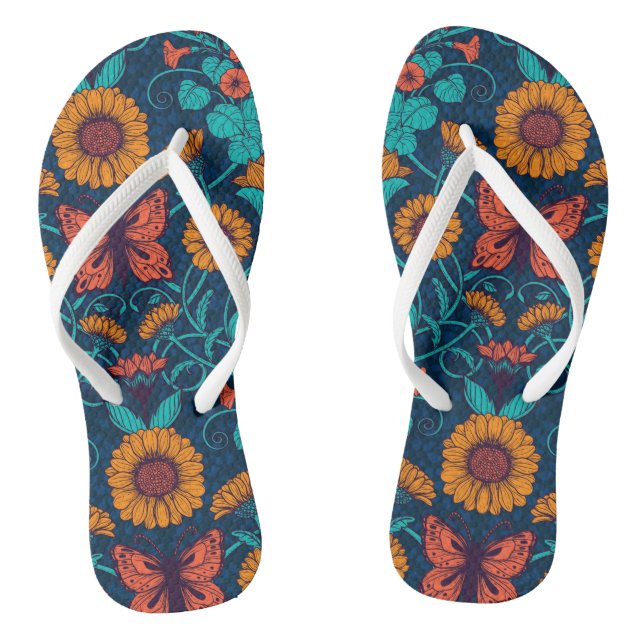 Art Nouveau daisies in blue and yellow Flip Flops (Footbed)