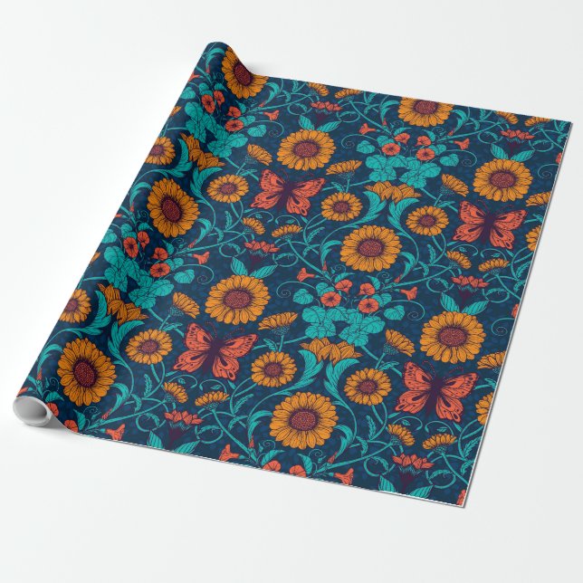 Art Nouveau daisies in blue and yellow Wrapping Paper (Unrolled)