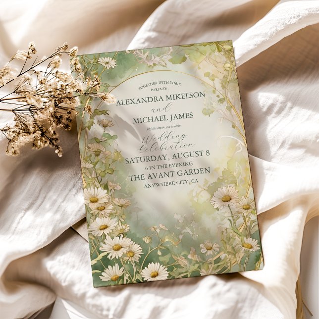 Art Nouveau Daisies Ivory Green Wedding Invitation (Creator Uploaded)