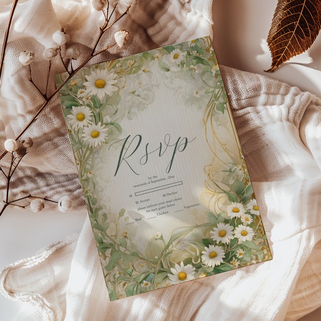 Art Nouveau Daisies Ivory Green Wedding RSVP Card (Creator Uploaded)