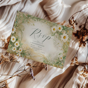 Art Nouveau Daisies Ivory Green Wedding RSVP Card