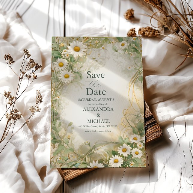 Art Nouveau Daisies Ivory Green Wedding Save The Date (Creator Uploaded)