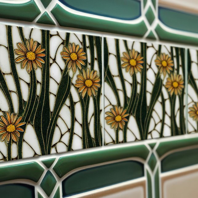 Art Nouveau Daisies Seamless white green florals Tile (Creator Uploaded)