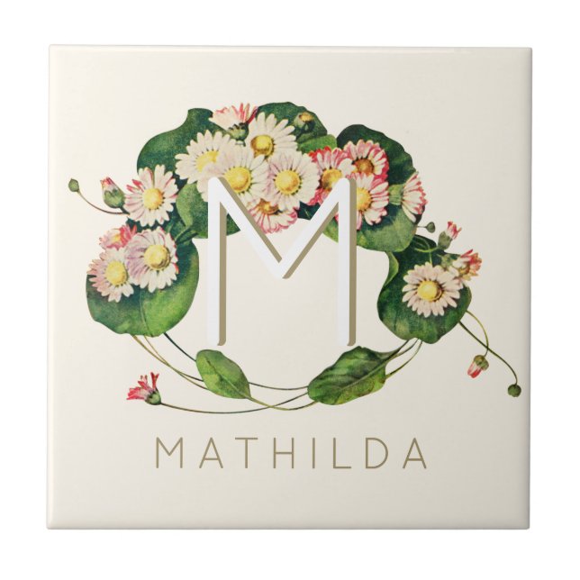 Art Nouveau Daisies Wreath Monogram to Personalise Tile (Front)