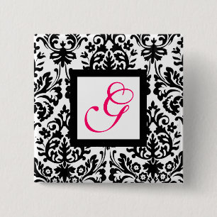 ART NOUVEAU DAMASK SQUARE MONOGRAM,pink fuchsia 15 Cm Square Badge