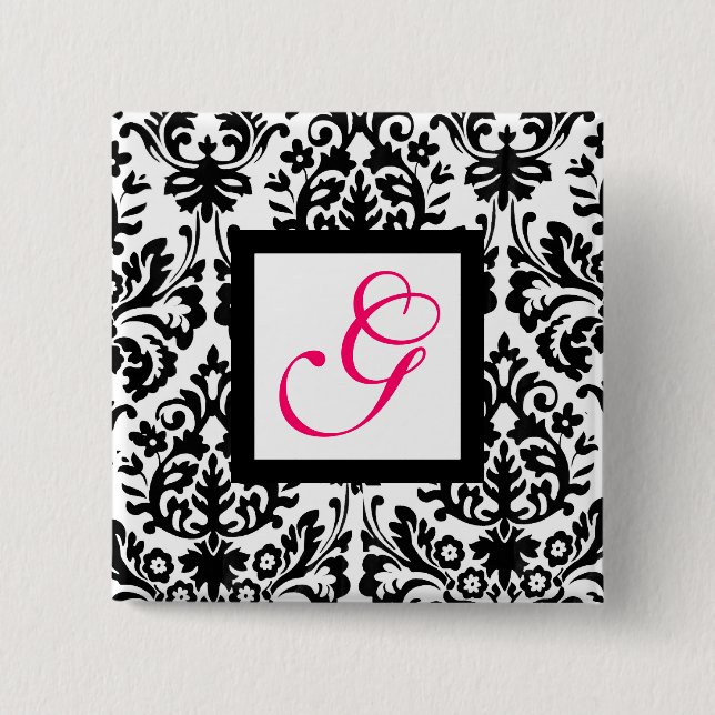 ART NOUVEAU DAMASK SQUARE  MONOGRAM,pink fuchsia 15 Cm Square Badge (Front)