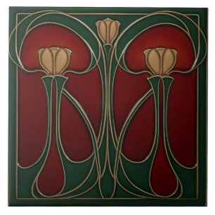 Art Nouveau Dark Teal Tulip Tapestry Ceramic Tile